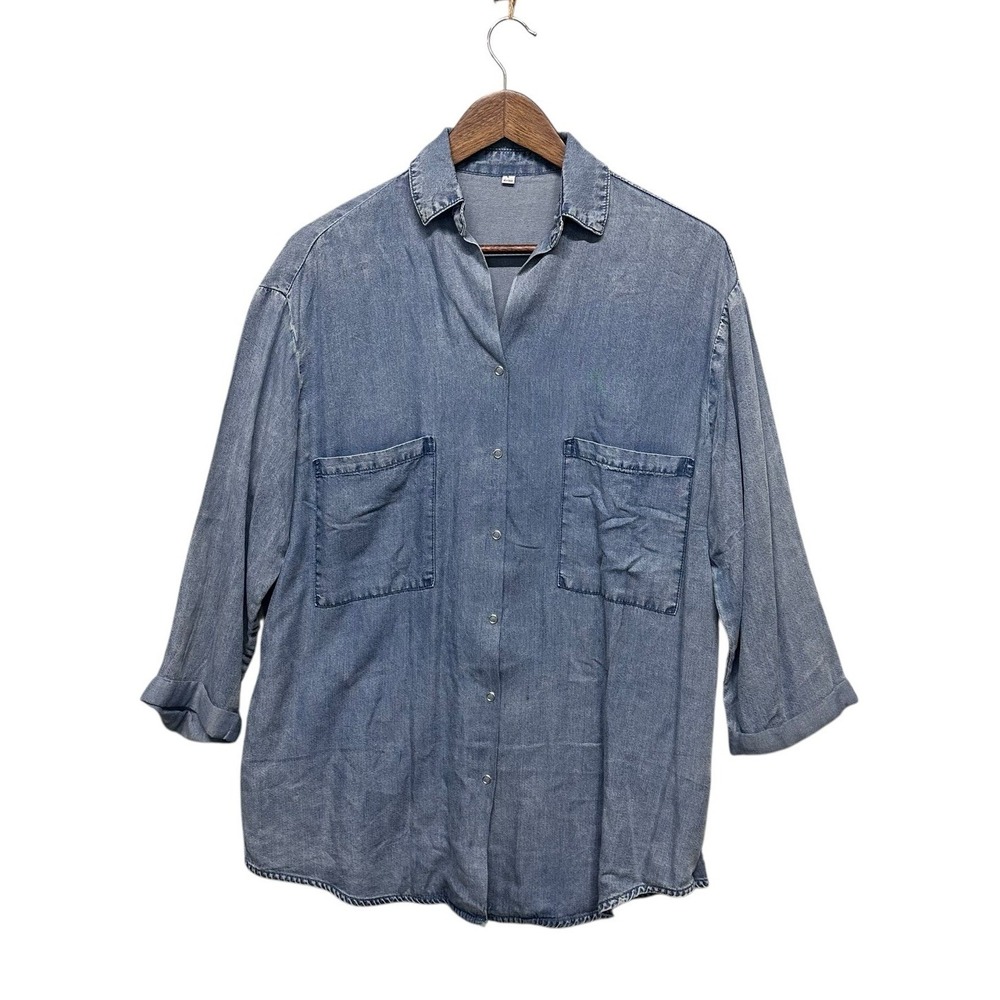 Womens Button Up Top Size L Blue Chambray Tunic Snap Popover Neckline 3/4 Sleeve